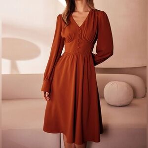 Rihoas Orange V Neck Pleated Button Midi Dress